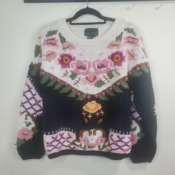 Cullinane Vintage 1980's Hand Knit and Embroidered Floral Sweater small - Picture 1 of 6